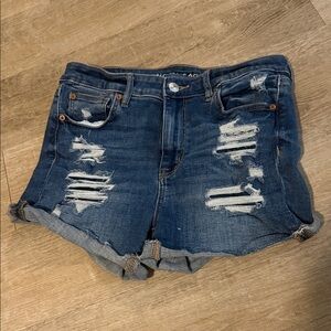 American Eagle Hi V-Rise Shortie Dark Blue Distressed Ripped Denim Shorts Jean